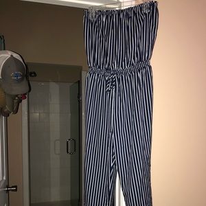 Strapless navy blue striped jumpsuit